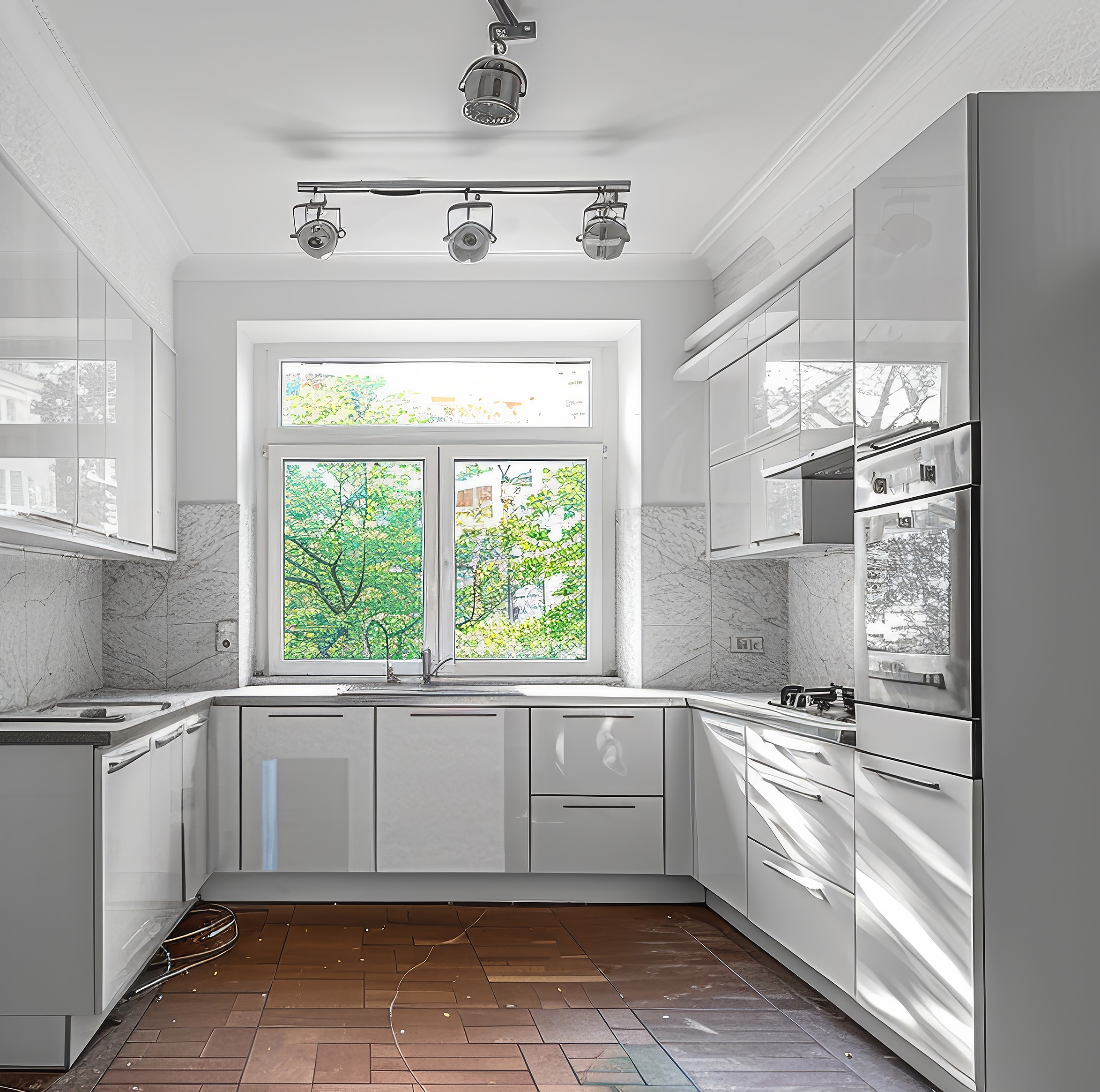 New kitchen before and after renovation - white kitchen,. New kitchen before and after renovation - white kitchen - real estate interior before restoration, white colors, --ar 16:9 --stylize 250 Job ID: 19b7080a-d6ff-4bfe-9c9d-2a67fd5d69da