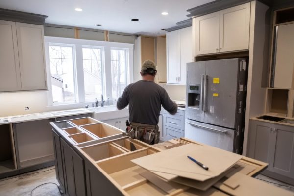Home improvement contractor working on a kitchen renovation, installing modern cabinets, countertops, and appliances in a sleek, updated space