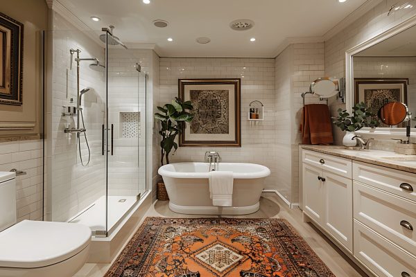 Luxurious bathroom with a freestanding tub, walk-in shower, and a rug.